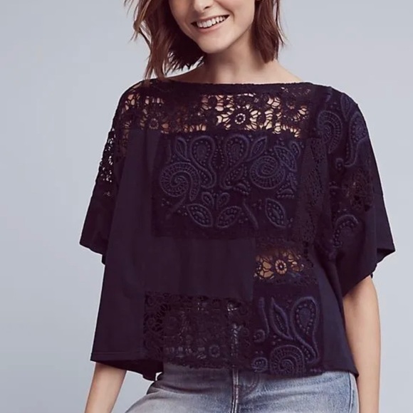 Anthropologie akemi kin embroidered crochet derrie navy blouse crop top - XS - Picture 1 of 6